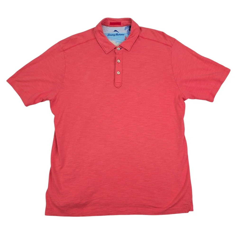 Tommy Bahama Emfielder Polo Mens Large Coral Pink 100% Pima Cotton Slub Texture